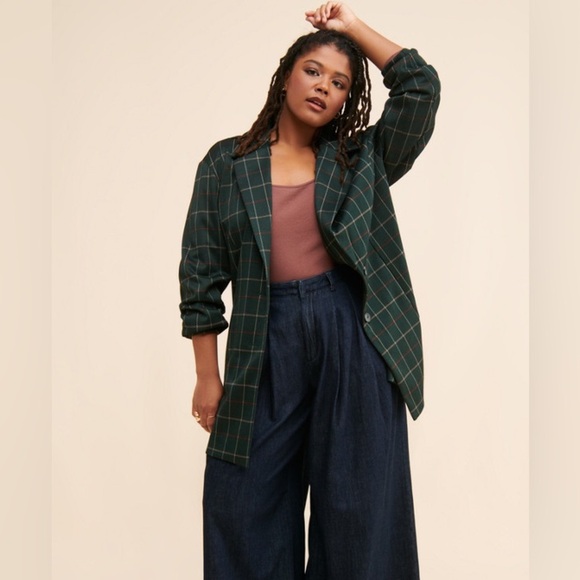 Avec Les Filles • NWT Oversized Knit Plaid Green Plaid Blazer Preppy Academia - Picture 3 of 12